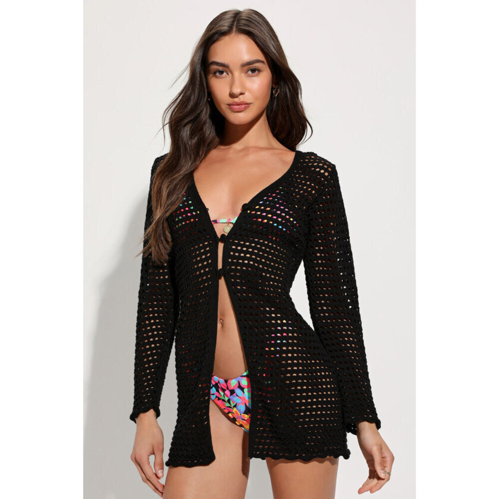 Lulus Stroll The Beaches Black Sheer Crochet Swim Cover-up Cardigan - Size S